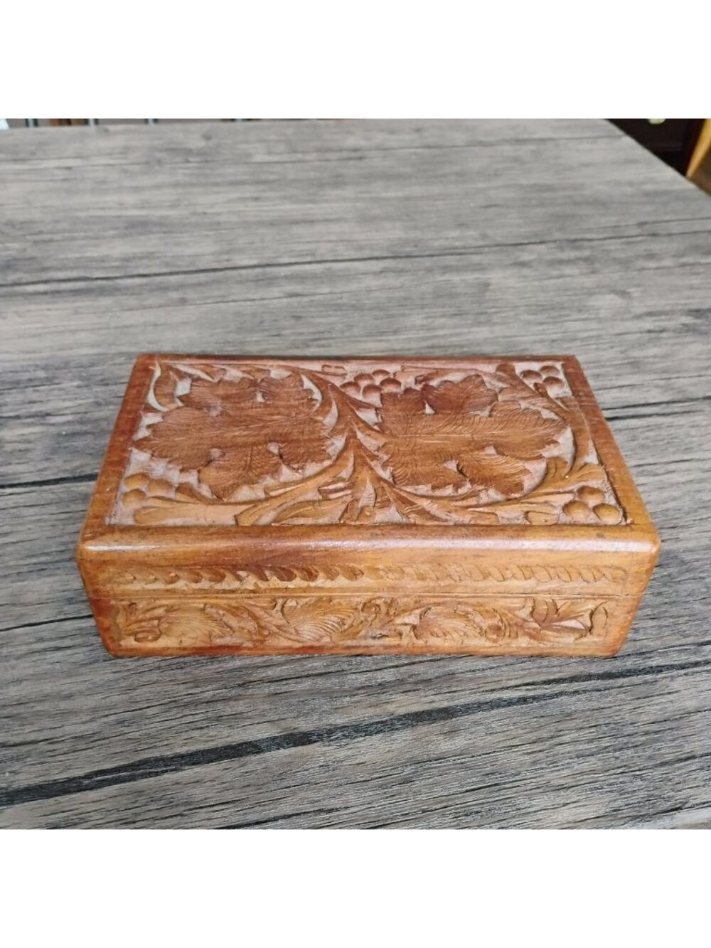 Hand-Carved Wooden Jewelry Box With Floral Design & Velvet Lining 8x5 Boho Decor
